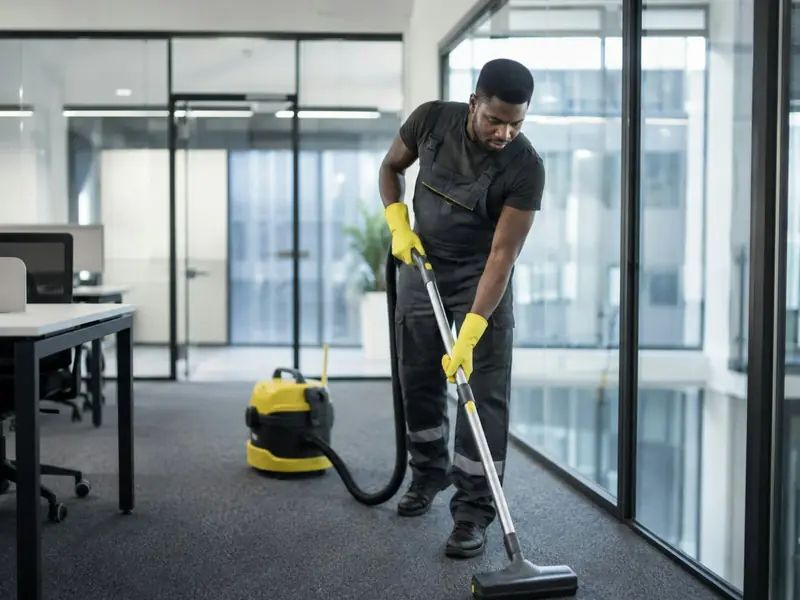 Cleaner vacuuming an office carpet